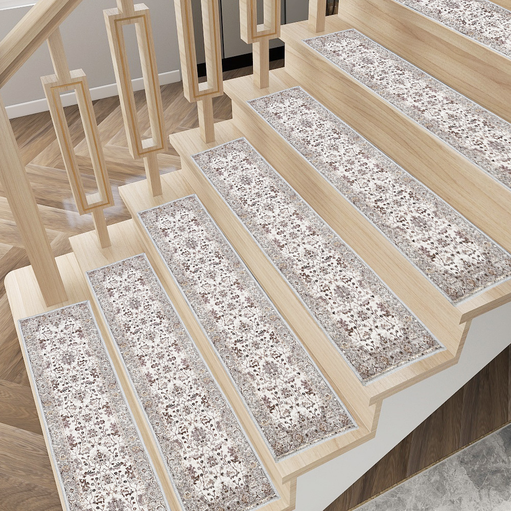Washable stair pads bending at corner on wooden steps