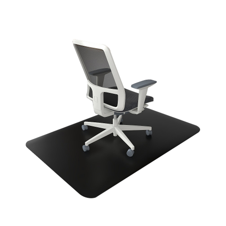 A black leather floor mat is placed under a modern office chair, showcasing its perfect match with the office environment.