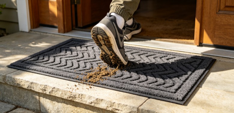 embossed TPR door mat with raised diamond pattern scraping grit from a shoe sole
