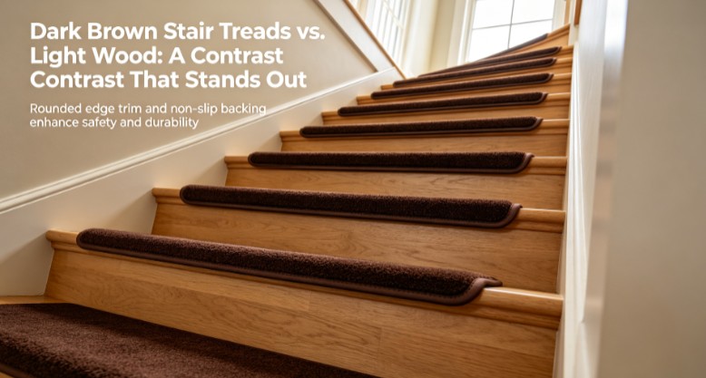 dark brown non-slip stair tread mats installed on hardwood stairs